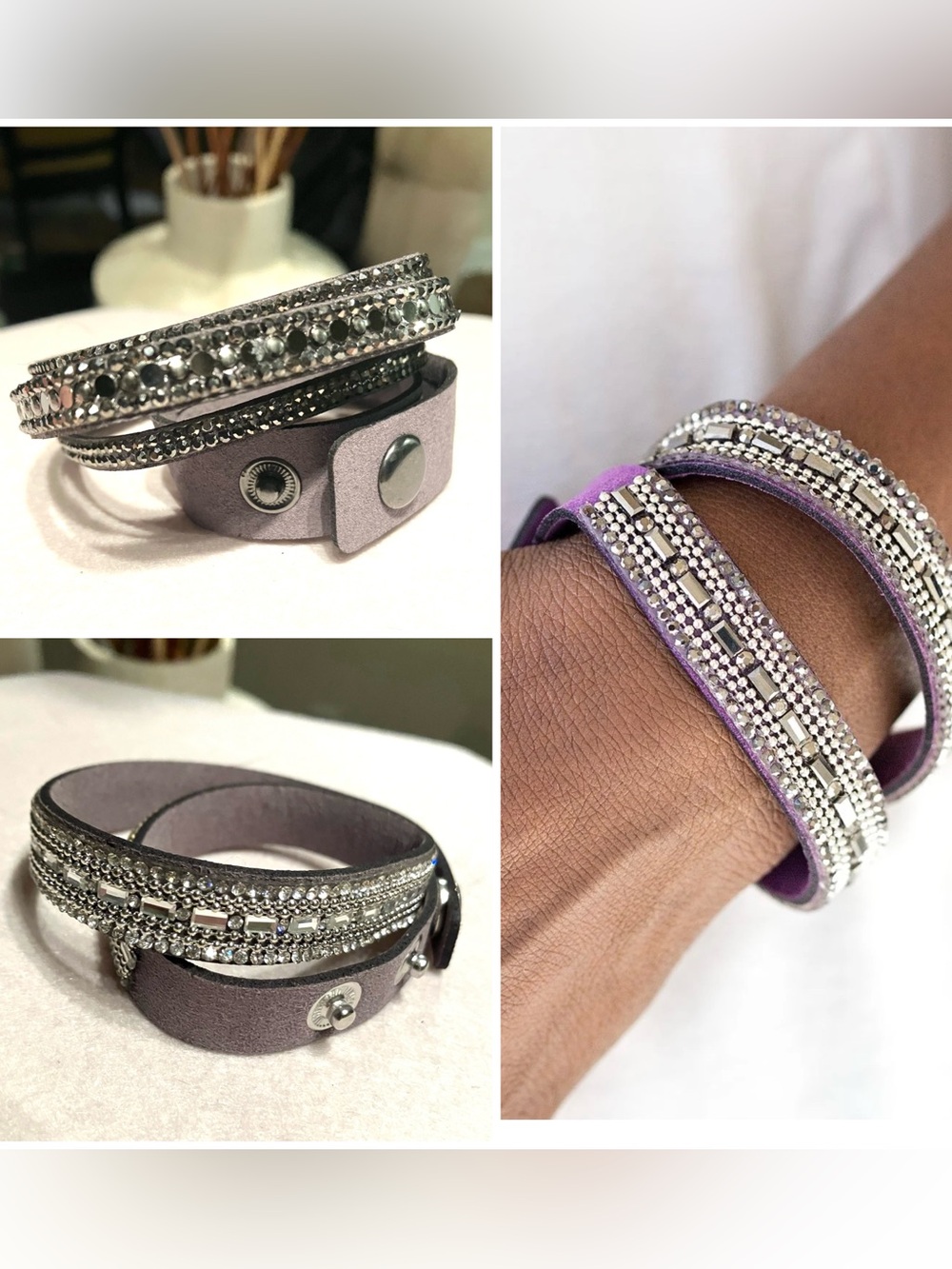 Double wrap rhinestone bracelets set of three